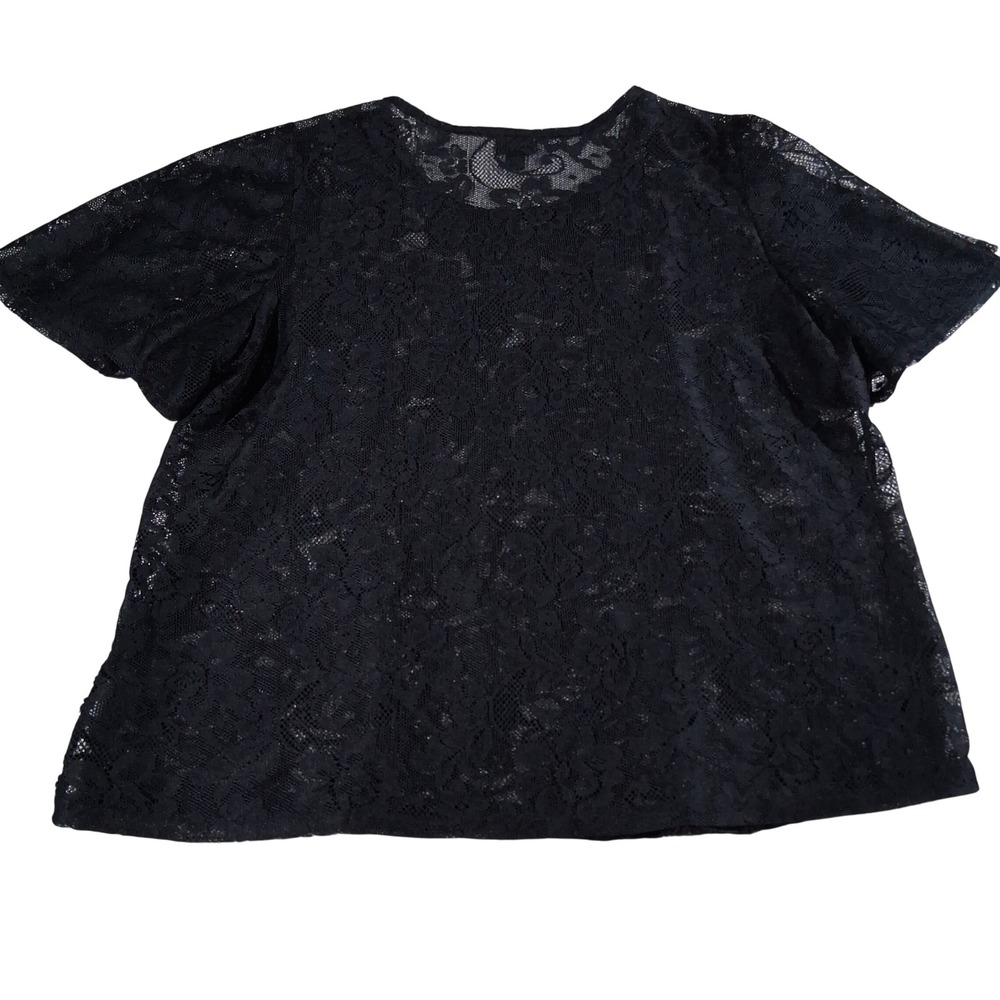 Vintage Black Floral Lace Short Sleeve Top Plus Size 1X Sheer Whimsigoth Blouse